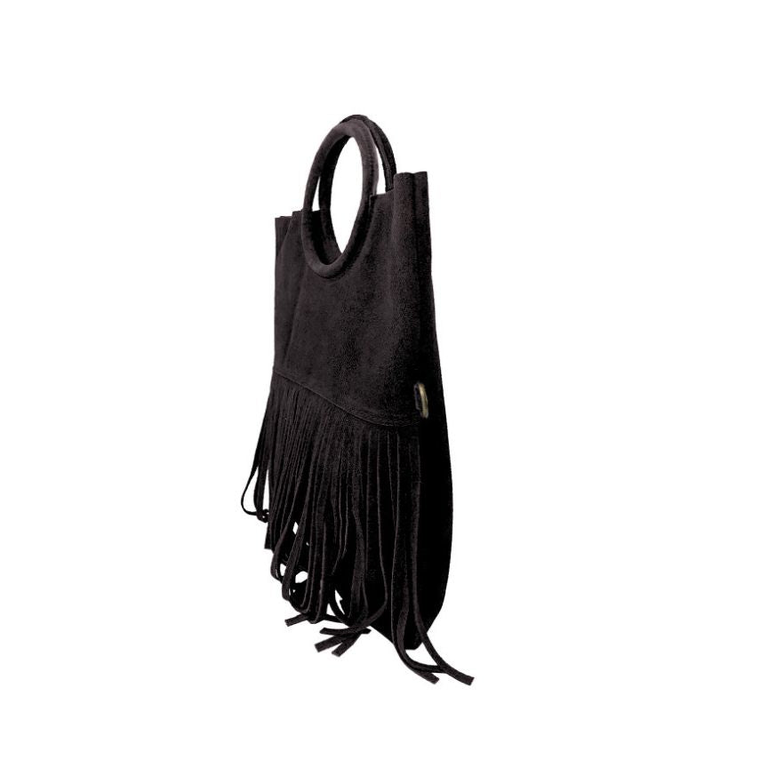 "Estella" - Damenhandtasche aus Wildleder - Clutch mit Ring-Henkel & Fransendetail