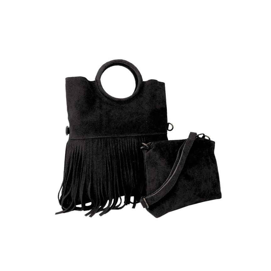 "Estella" - Damenhandtasche aus Wildleder - Clutch mit Ring-Henkel & Fransendetail