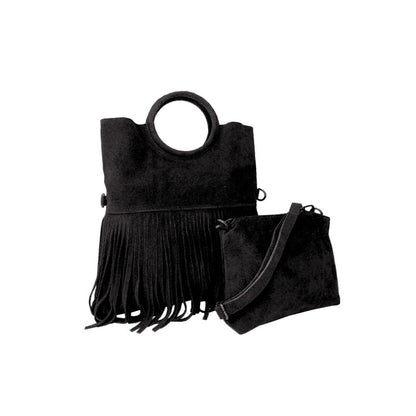 "Estella" - Damenhandtasche aus Wildleder - Clutch mit Ring-Henkel & Fransendetail