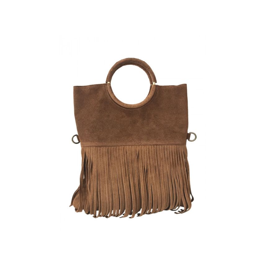 "Estella" - Damenhandtasche aus Wildleder - Clutch mit Ring-Henkel & Fransendetail