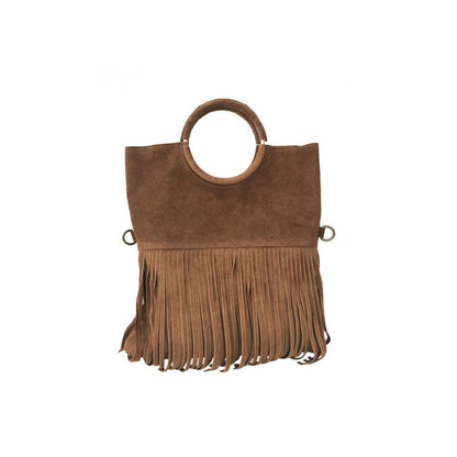 "Estella" - Damenhandtasche aus Wildleder - Clutch mit Ring-Henkel & Fransendetail