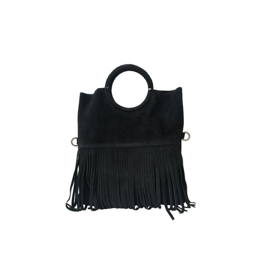 "Estella" - Damenhandtasche aus Wildleder - Clutch mit Ring-Henkel & Fransendetail
