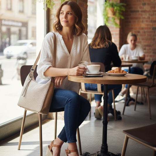Stilvolle Damenhandtasche im Materialmix aus Leder & Stoff - mittelgroß