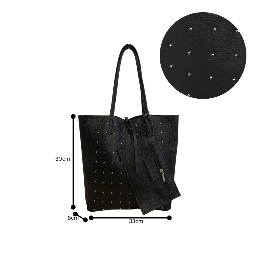 "Clara" - Stilvolle Damen-Leder-Shoppertasche mit silberfarbenen Nieten
