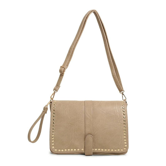 beige stylische crossbody-bag für party mit nieten aus hochwertigem material mit handgelenkriemen und schultergurt