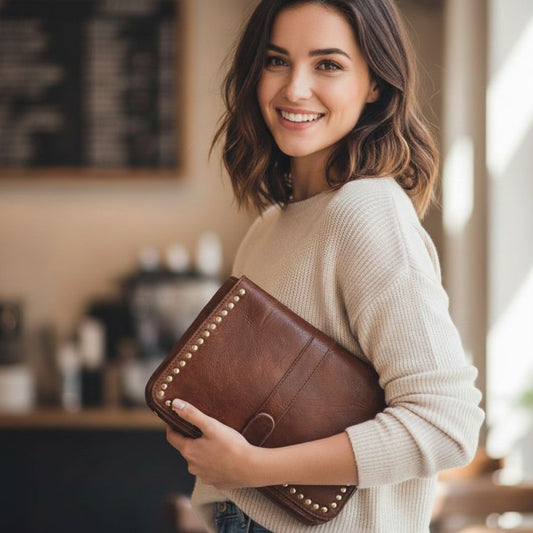 Elegante Handtasche mit stabilem Besatz aus goldfarbenen Nieten