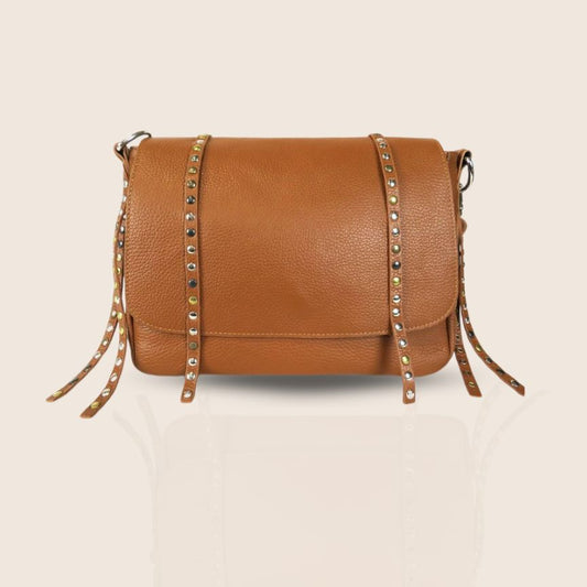 Elegante italienische Damen Leder Umhängetasche mit Nieten für Alltag braun 