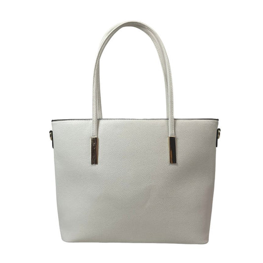 Elegante Damen Tote-Bag-Handtasche mit langeren Henkel und goldfarbenen Details  weiß mittelgroß