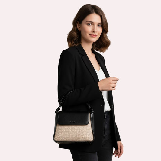 Elegante Handtasche mit Henkeln - Schwarz, Beige mittelgroß