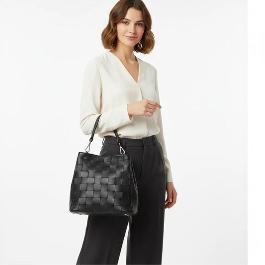 Elegante, mittelgroße Leder Handtasche - mit Webmuster Design, 2 Fächern & kurzem Henkel