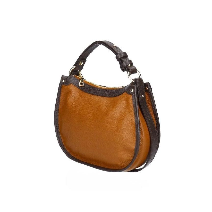 Elegante, mittelgroße, zweifarbige Lederhandtasche mit verlängertem Riemen