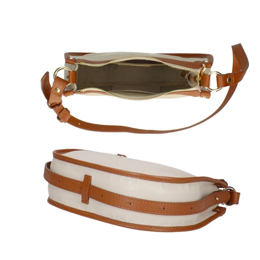 Elegante, mittelgroße, zweifarbige Lederhandtasche mit verlängertem Riemen