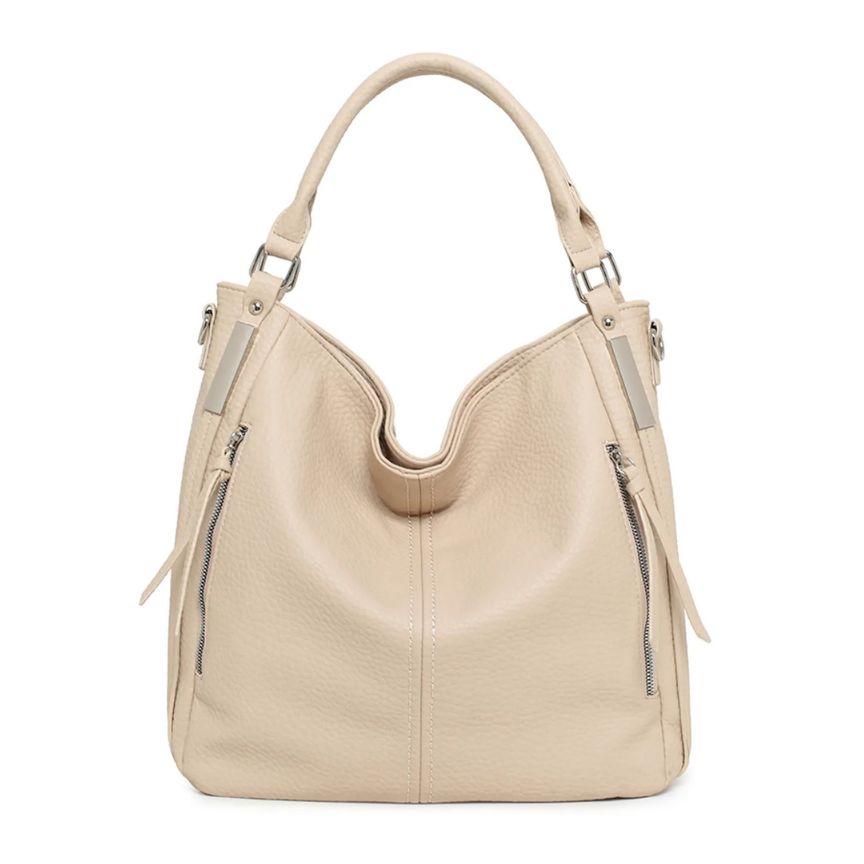 Beige Große Damen Einkaufstasche mit seitentaschen, Griffen und Schultergurt 