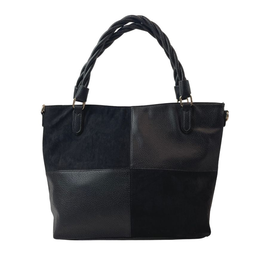 Damen Umhängetasche matt glänzend Tragetasche und Henkeln Seiloptik schwarz