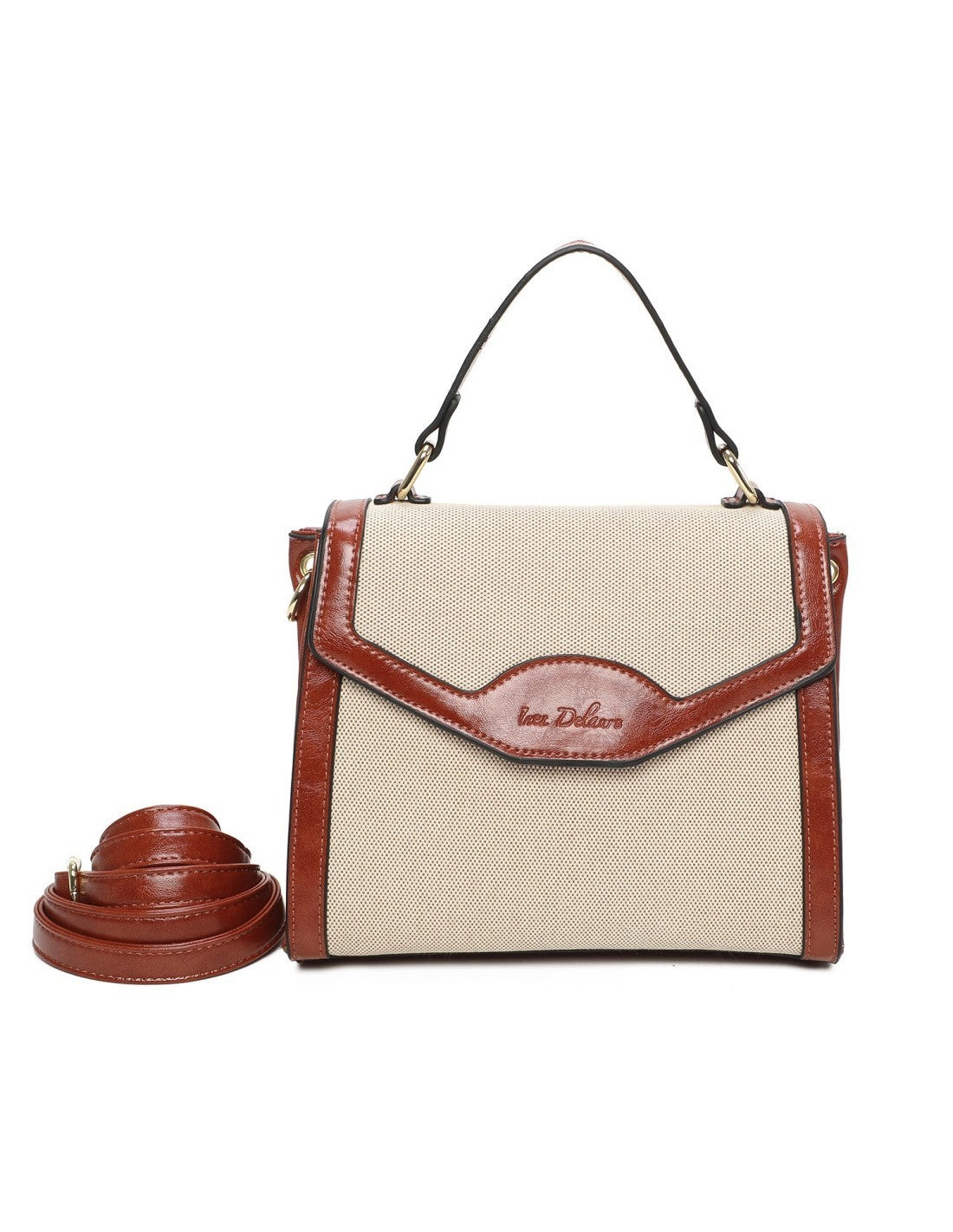 elegante Damen zwei Fächer Handtasche mit Tragegriff für formale Anlässe mittelgroß beige