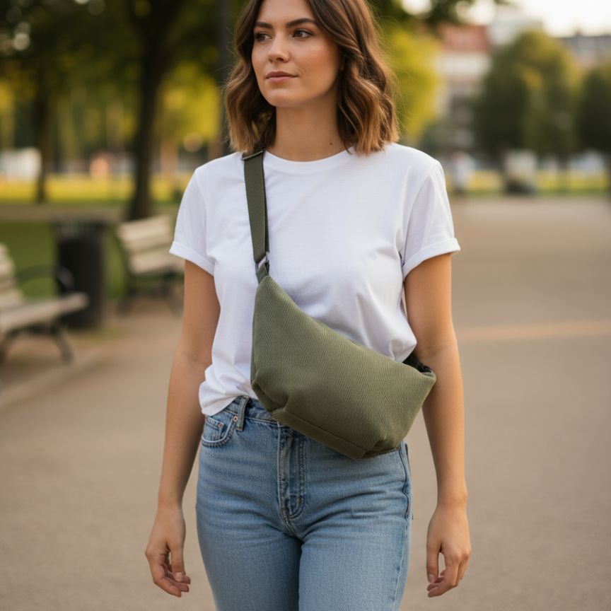 Damen Crossbodybag aus Cord - mittelgroße, funktionale, praktische Gürteltasche