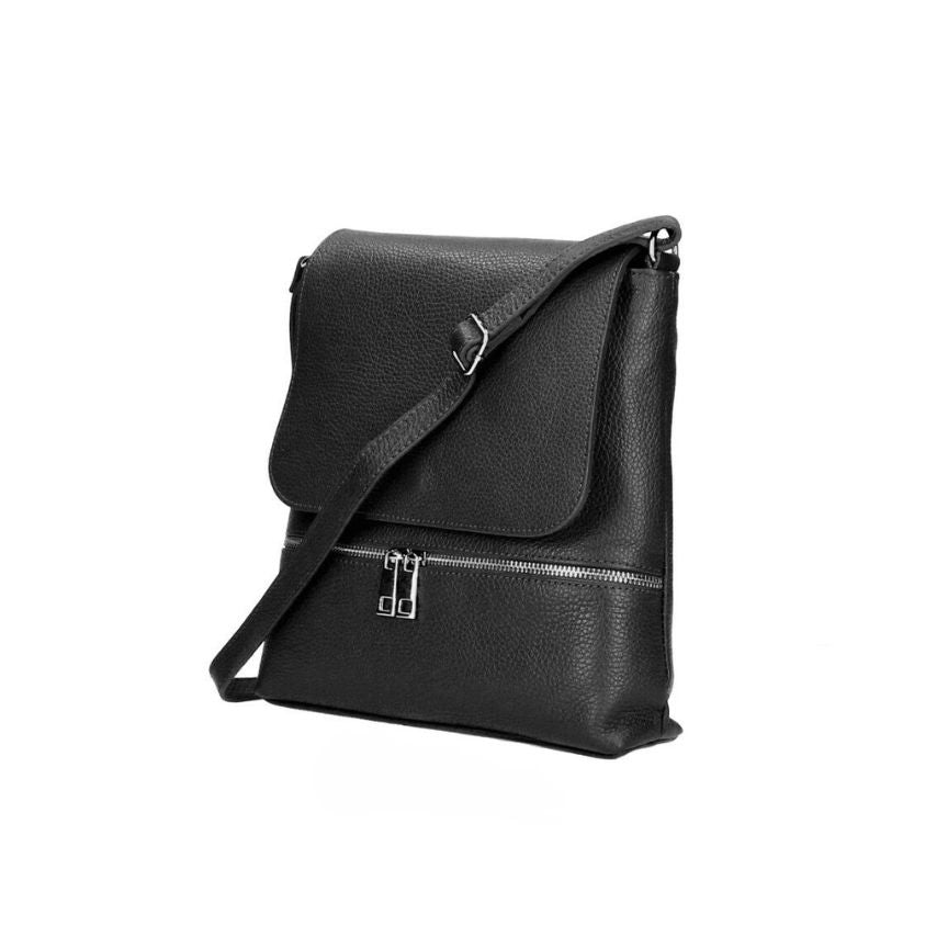 Leder Crossbody-Bag mit Klappe und dekorativem Silberstreifen - Alltagstauglich