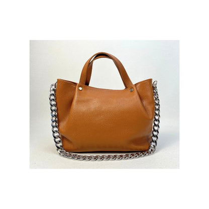 Vorderseite der Damen Leder Umhängetasche mit Kettenriemen und metal details braun