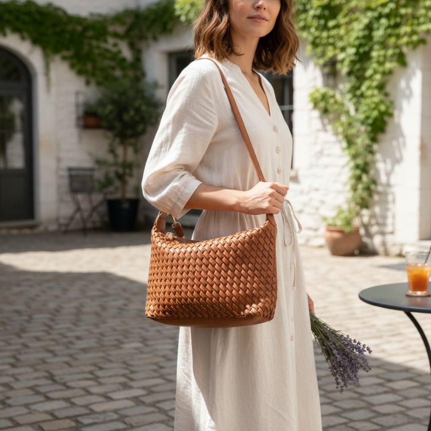 Mittelgroße Damenhandtasche im gewebten Design - modern, edel und vielseitig