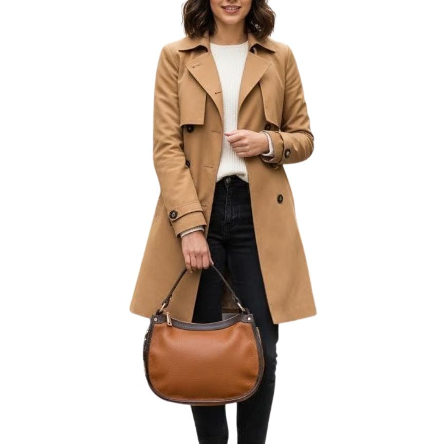 Elegante, mittelgroße, zweifarbige Lederhandtasche mit verlängertem Riemen