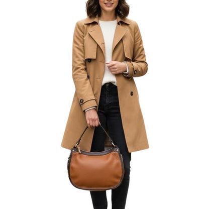 Elegante, mittelgroße, zweifarbige Lederhandtasche mit verlängertem Riemen