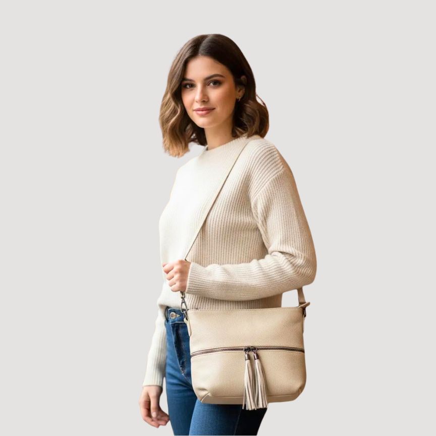 Moderne Damen Schultertasche aus echtem Leder mit Fronttasche - Alltagstauglich