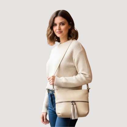 Moderne Damen Schultertasche aus echtem Leder mit Fronttasche - Alltagstauglich