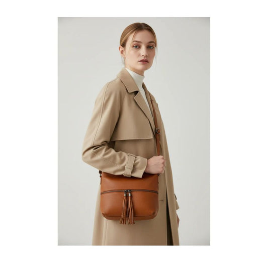 Moderne Damen Schultertasche aus echtem Leder mit Fronttasche - Alltagstauglich