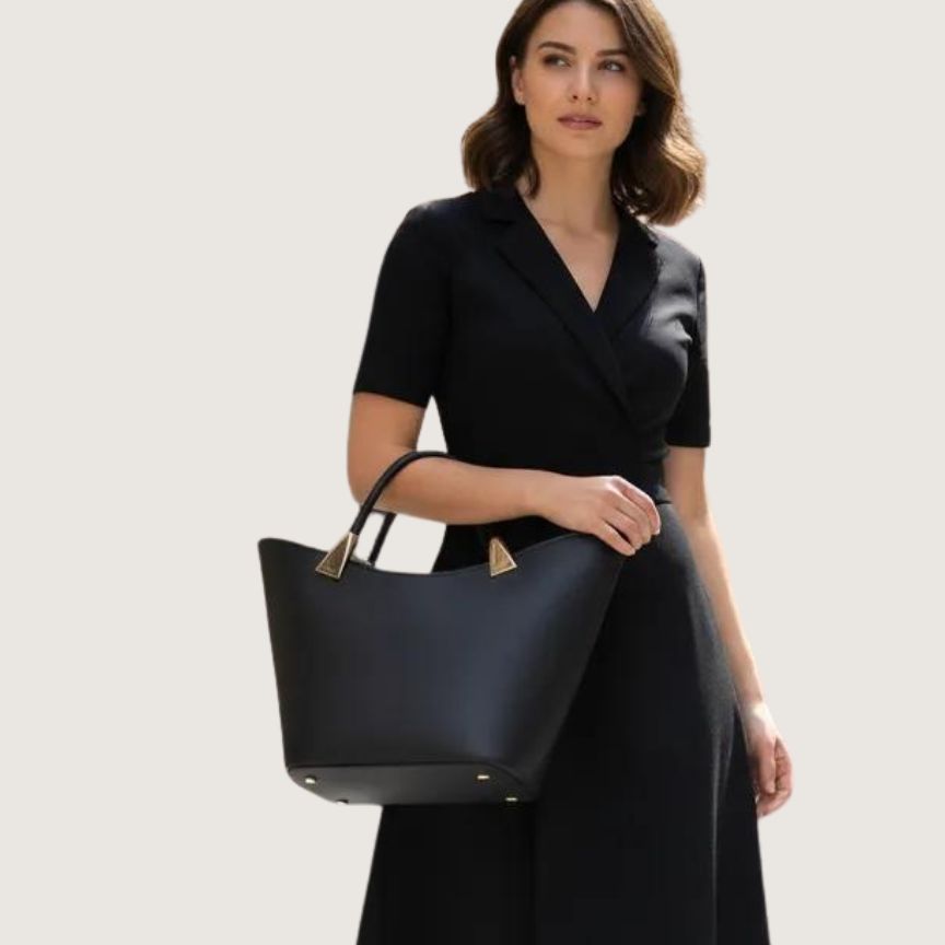 "Savanna" - Damenhandtasche aus Leder in Tulpenform mit goldenen Beschlägen