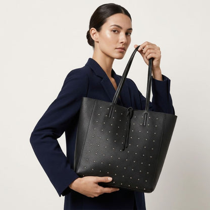 "Clara" - Stilvolle Damen-Leder-Shoppertasche mit silberfarbenen Nieten