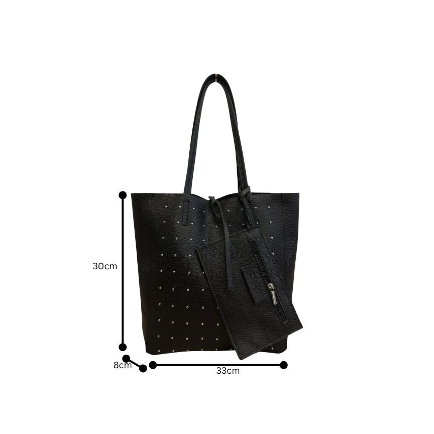 "Clara" - Stilvolle Damen-Leder-Shoppertasche mit silberfarbenen Nieten