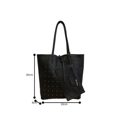 "Clara" - Stilvolle Damen-Leder-Shoppertasche mit silberfarbenen Nieten