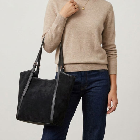 Elegante Lederhandtasche "Hannah" - Schwarze Wildleder Bucket-Bag