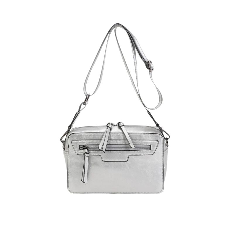Damen Crossbody Bag mit breitem Gurt und schönem Designdetails silber