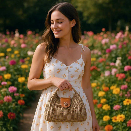 Lässige Damen Strohtasche - Gewebte Sommer Bag mit Lederbesatz