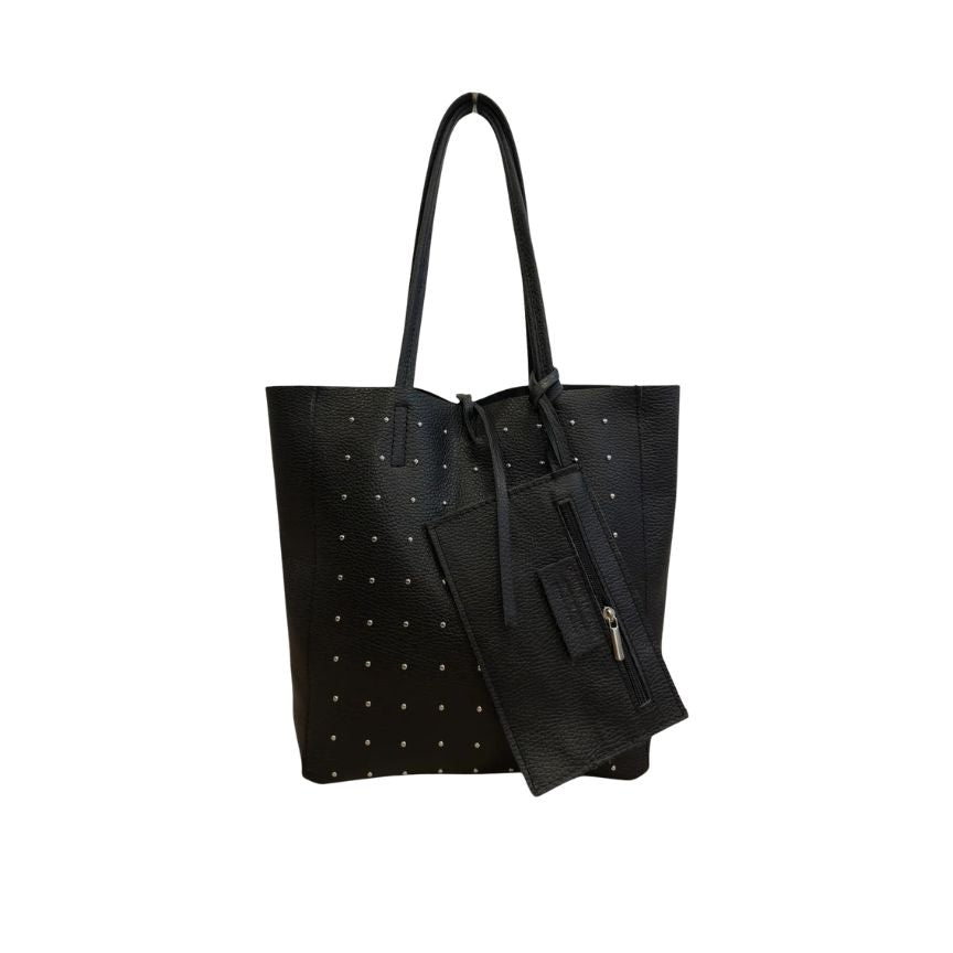 "Clara" - Stilvolle Damen-Leder-Shoppertasche mit silberfarbenen Nieten