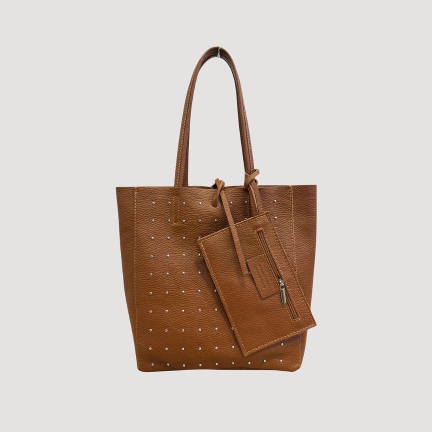"Clara" - Stilvolle Damen-Leder-Shoppertasche mit silberfarbenen Nieten