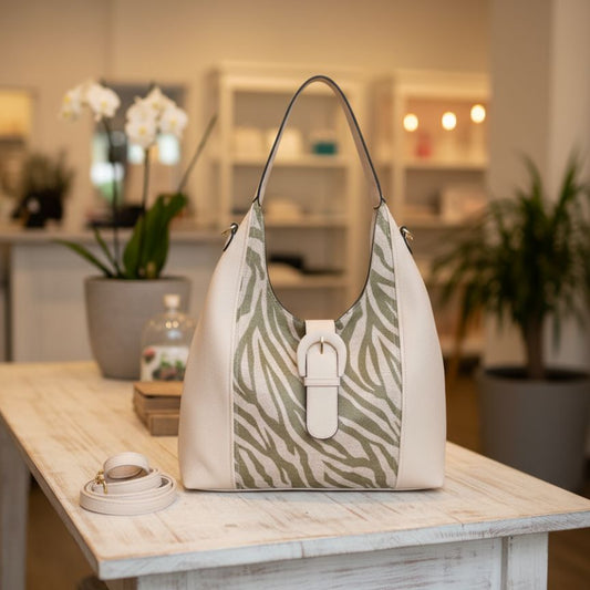 Damen Umhängetasche im stilvollen Leder-Stoff Materialmix - mittelgroß