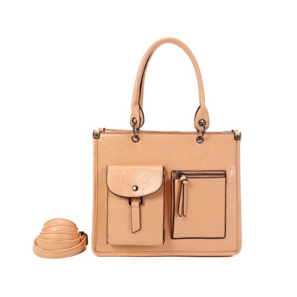 Elegante Bürotasche für Damen mit Fronttaschen mit Tragegeurt und Griffen biege Farbe