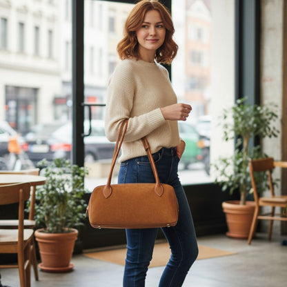 Trendige Damen Lederhandtasche in Barrelform mit langen Henkeln - elegant & modern