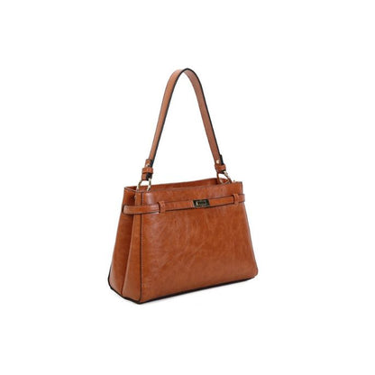 Seitenansicht moderne Damen Handtasche mit diversen Fächern, geräumig, stabil, in camelfarben oder dunkelblau