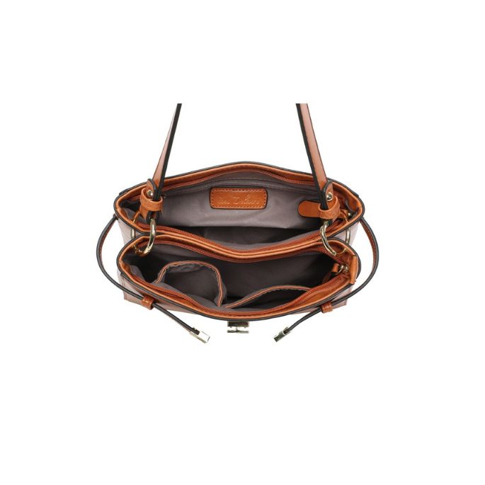 Draufsicht Innenansicht moderne Damen Handtasche mit diversen Fächern, geräumig, stabil, in camelfarben oder dunkelblau