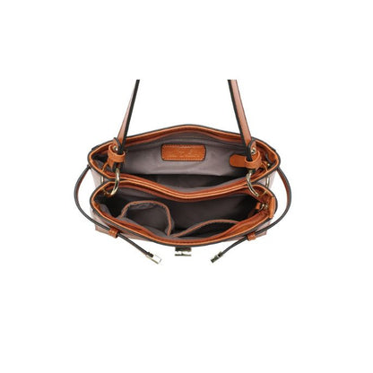 Draufsicht Innenansicht moderne Damen Handtasche mit diversen Fächern, geräumig, stabil, in camelfarben oder dunkelblau