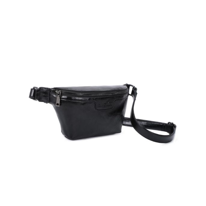 Seitenansicht Bauchtasche für Reisen, modern schwarz 