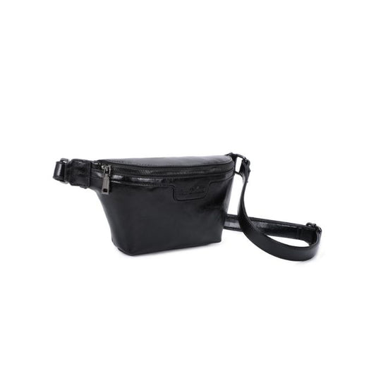 Seitenansicht Bauchtasche für Reisen, modern schwarz 
