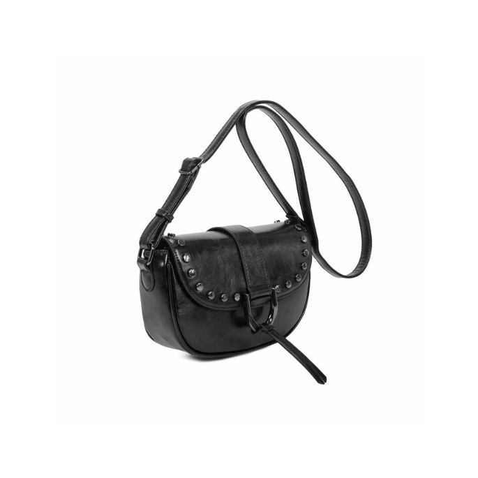 Seitenansicht coole schwarze Damentasche mit Metall Details und Nieten
