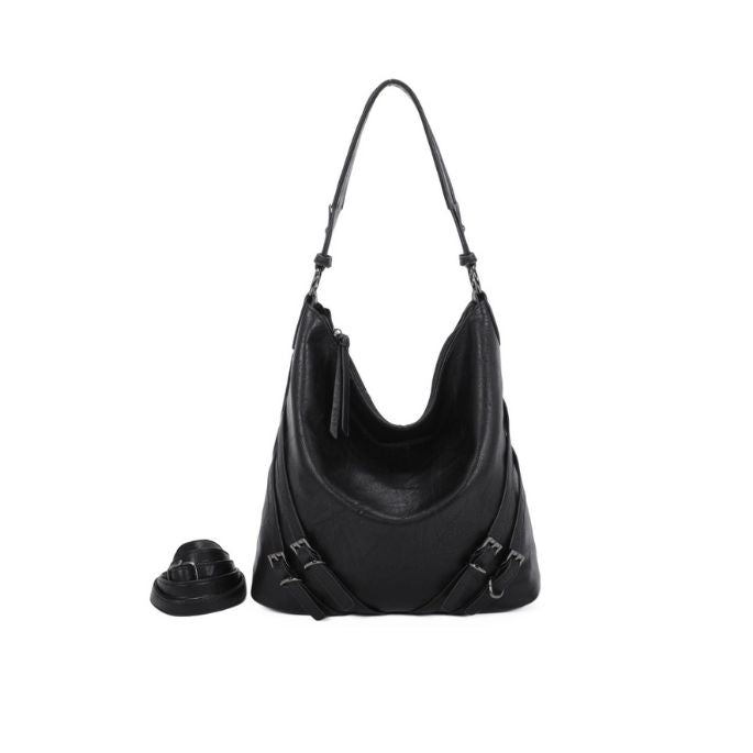 Designer Damen Schultertasche mit Schanllenapplikationen in schwarz und camelfarben