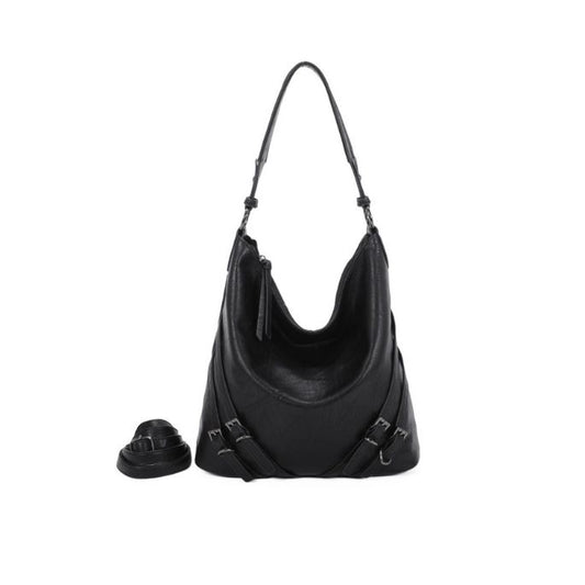 Designer Damen Schultertasche mit Schanllenapplikationen in schwarz und camelfarben