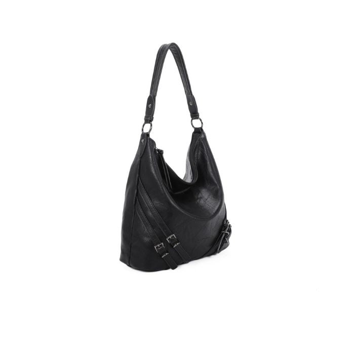 Seitenansicht Designer Damen Schultertasche mit Schanllenapplikationen in schwarz und camelfarben