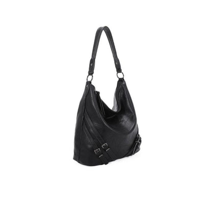 Seitenansicht Designer Damen Schultertasche mit Schanllenapplikationen in schwarz und camelfarben